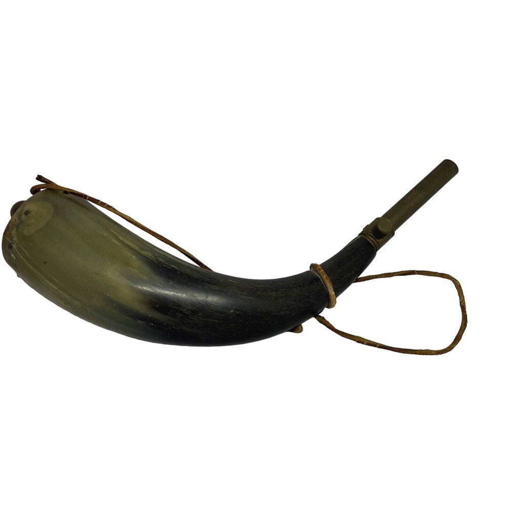 Vintage Black Powder Horn Flask 13" – Primitive Muzzleloader Style Leather Strap